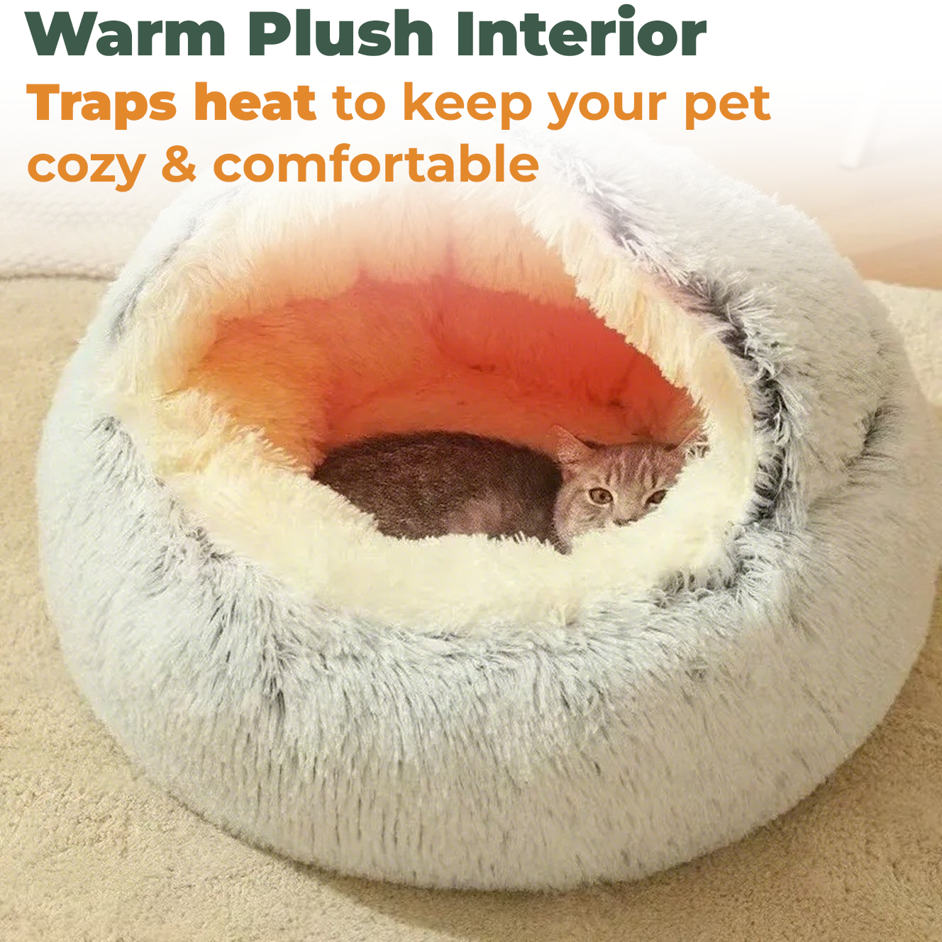 FLUFFY BED WITH HOODED COVER – SOFT DONUT NEST FOR CATS & SMALL DOGS