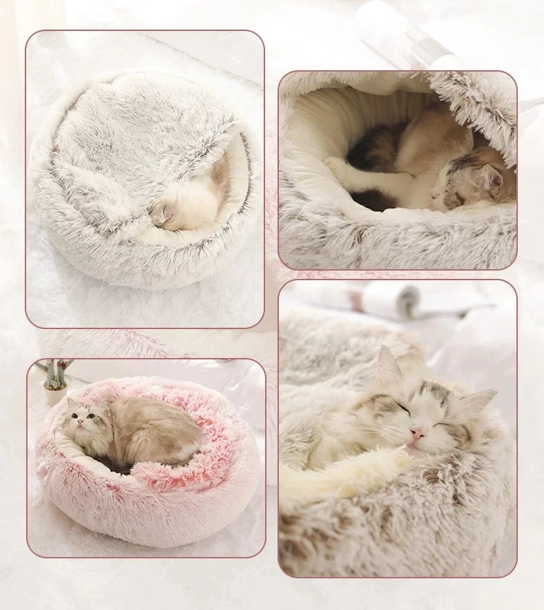 FLUFFY BED WITH HOODED COVER – SOFT DONUT NEST FOR CATS & SMALL DOGS