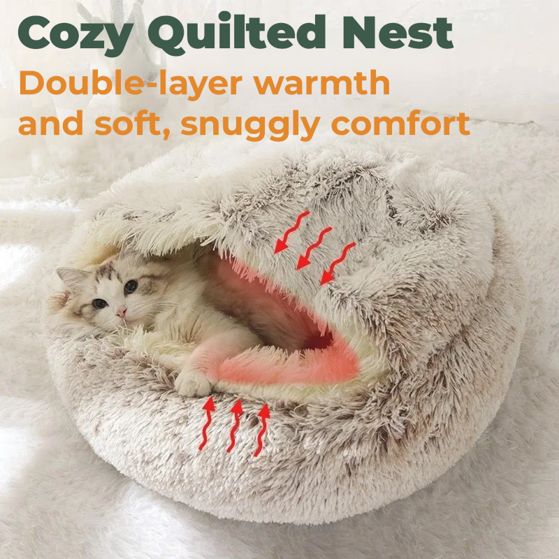 FLUFFY BED WITH HOODED COVER – SOFT DONUT NEST FOR CATS & SMALL DOGS