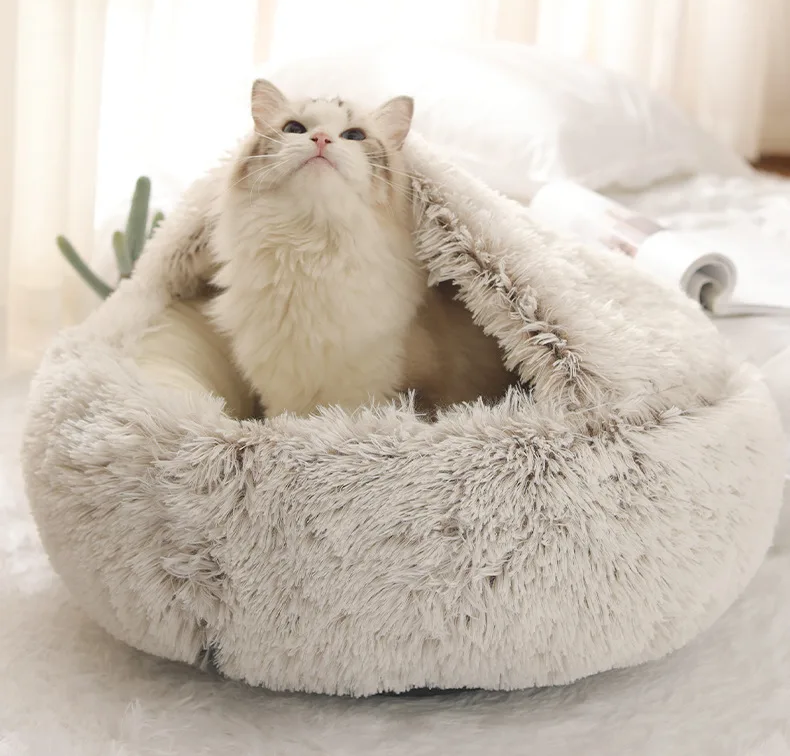 FLUFFY BED WITH HOODED COVER – SOFT DONUT NEST FOR CATS & SMALL DOGS