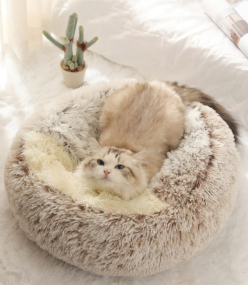 FLUFFY BED WITH HOODED COVER – SOFT DONUT NEST FOR CATS & SMALL DOGS