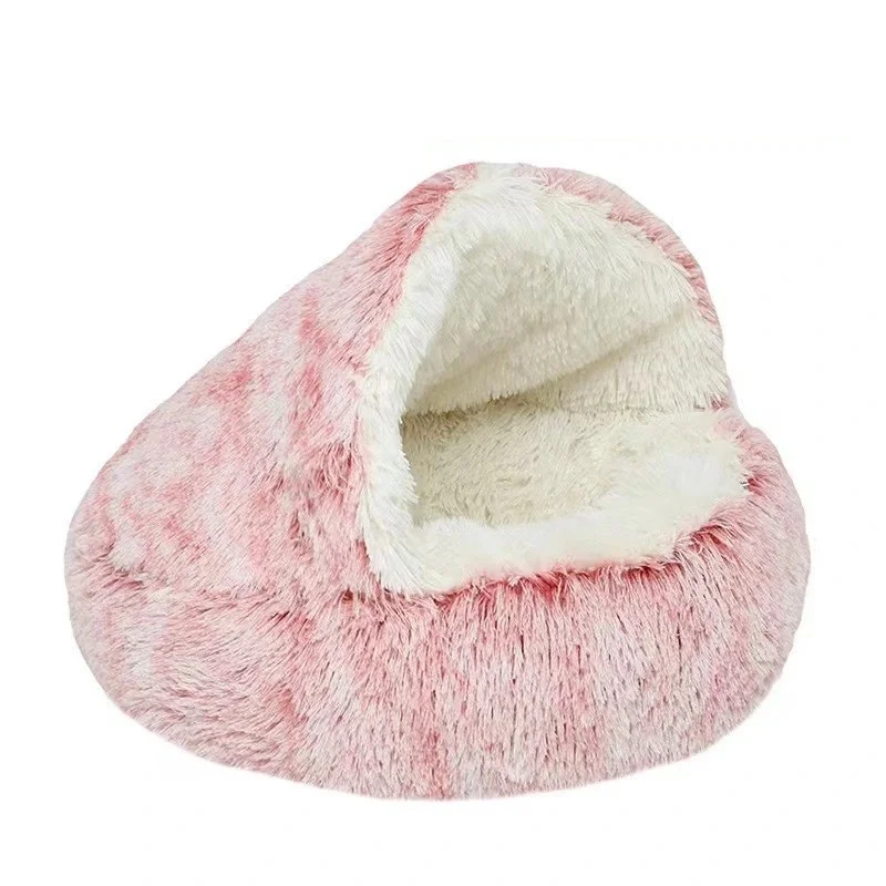 FLUFFY BED WITH HOODED COVER – SOFT DONUT NEST FOR CATS & SMALL DOGS