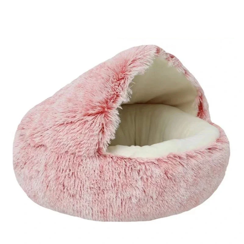 FLUFFY BED WITH HOODED COVER – SOFT DONUT NEST FOR CATS & SMALL DOGS