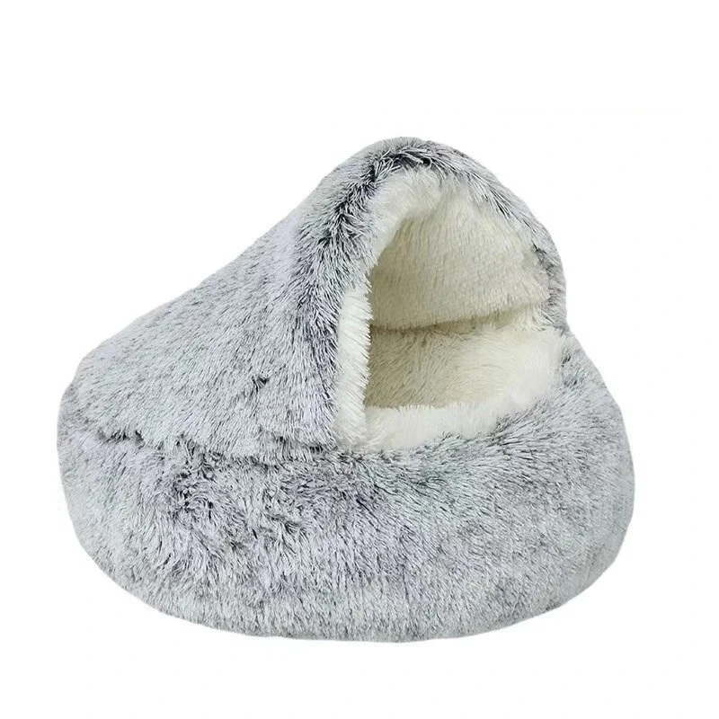 FLUFFY BED WITH HOODED COVER – SOFT DONUT NEST FOR CATS & SMALL DOGS
