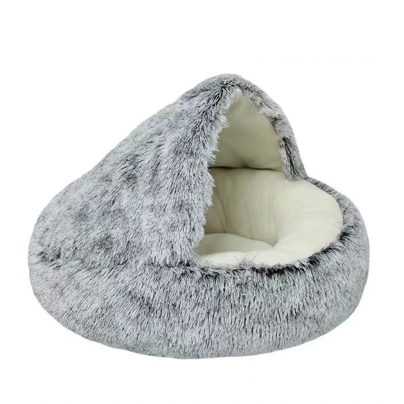 FLUFFY BED WITH HOODED COVER – SOFT DONUT NEST FOR CATS & SMALL DOGS