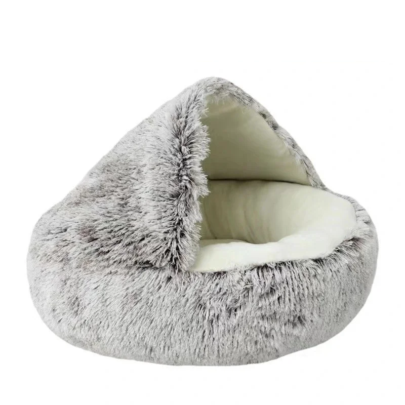 FLUFFY BED WITH HOODED COVER – SOFT DONUT NEST FOR CATS & SMALL DOGS