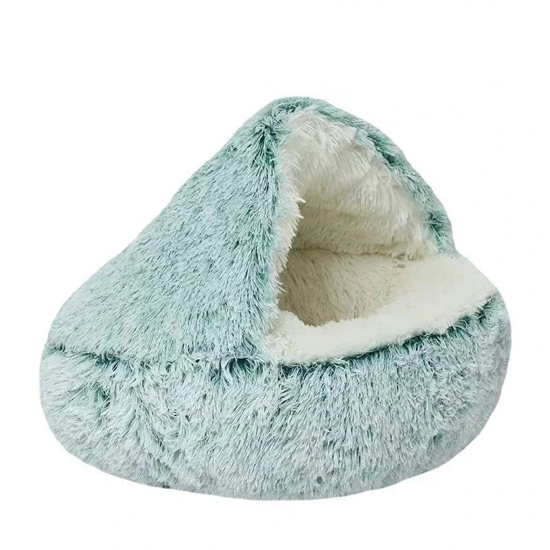 FLUFFY BED WITH HOODED COVER – SOFT DONUT NEST FOR CATS & SMALL DOGS
