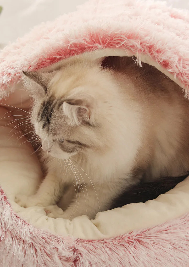 FLUFFY BED WITH HOODED COVER – SOFT DONUT NEST FOR CATS & SMALL DOGS