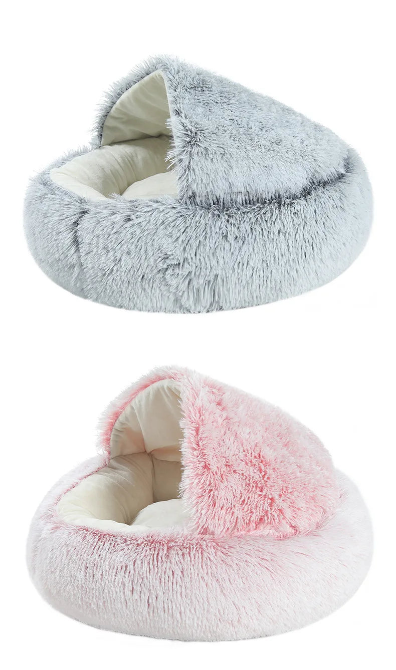 FLUFFY BED WITH HOODED COVER – SOFT DONUT NEST FOR CATS & SMALL DOGS