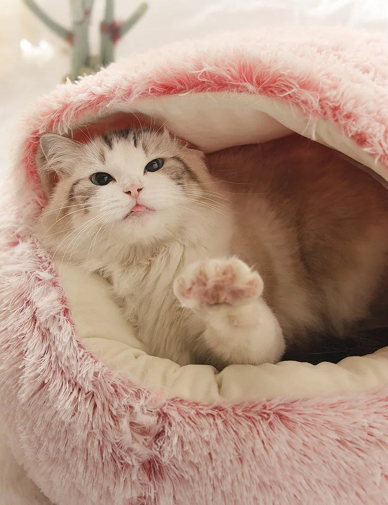 FLUFFY BED WITH HOODED COVER – SOFT DONUT NEST FOR CATS & SMALL DOGS