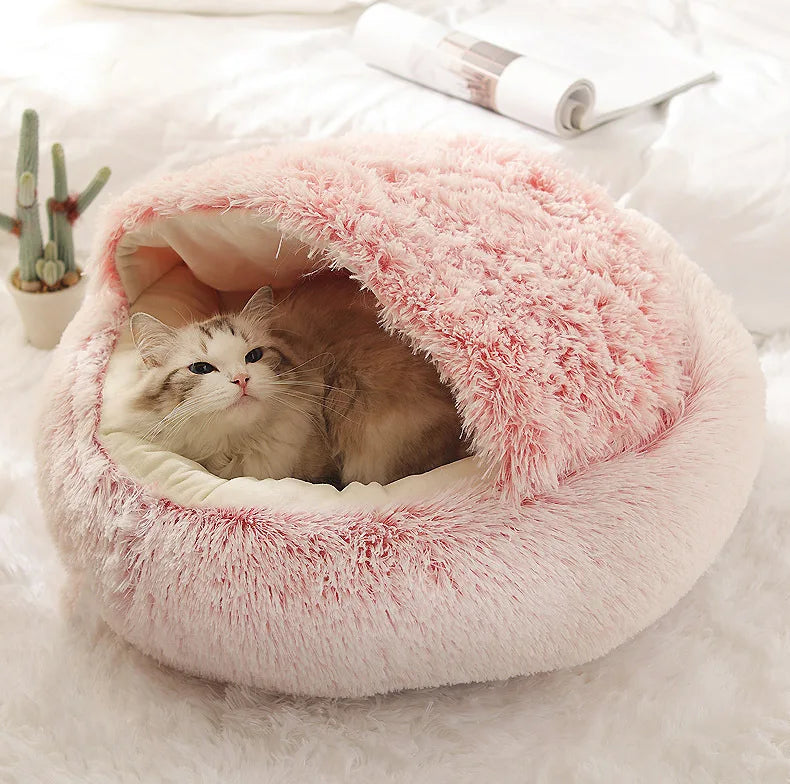 FLUFFY BED WITH HOODED COVER – SOFT DONUT NEST FOR CATS & SMALL DOGS