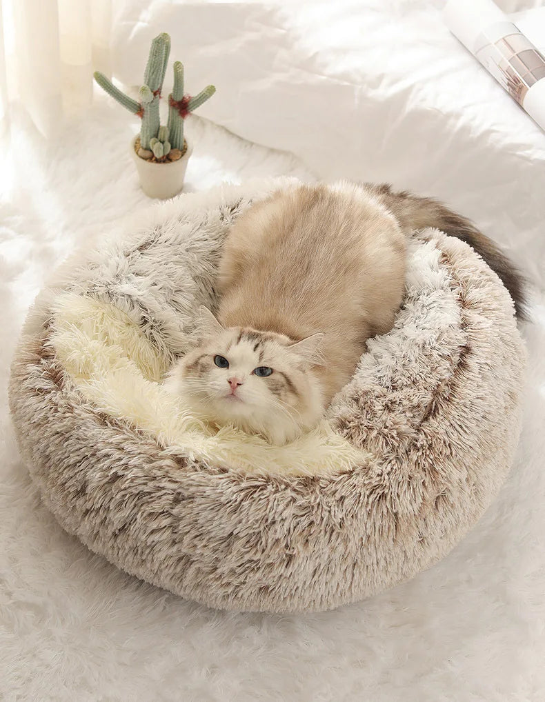 FLUFFY BED WITH HOODED COVER – SOFT DONUT NEST FOR CATS & SMALL DOGS