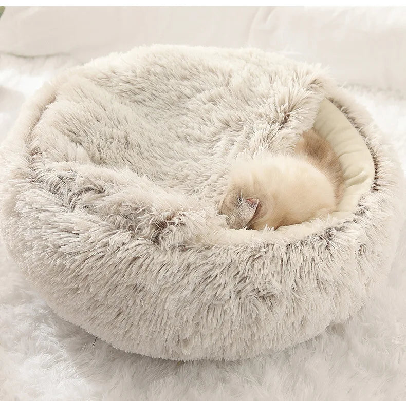 FLUFFY BED WITH HOODED COVER – SOFT DONUT NEST FOR CATS & SMALL DOGS