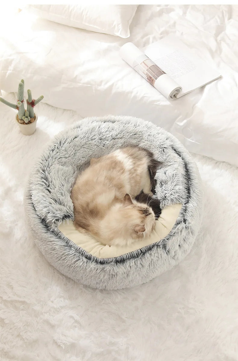 FLUFFY BED WITH HOODED COVER – SOFT DONUT NEST FOR CATS & SMALL DOGS