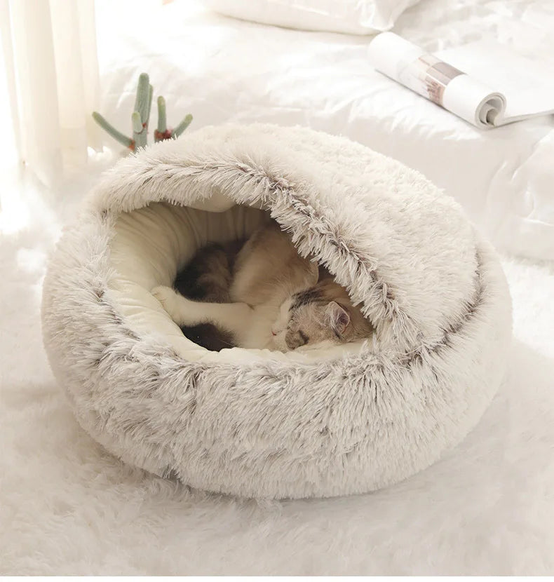 FLUFFY BED WITH HOODED COVER – SOFT DONUT NEST FOR CATS & SMALL DOGS