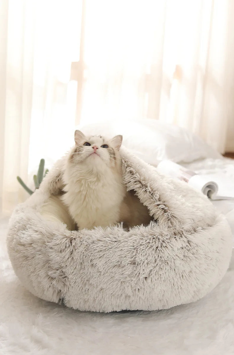 FLUFFY BED WITH HOODED COVER – SOFT DONUT NEST FOR CATS & SMALL DOGS