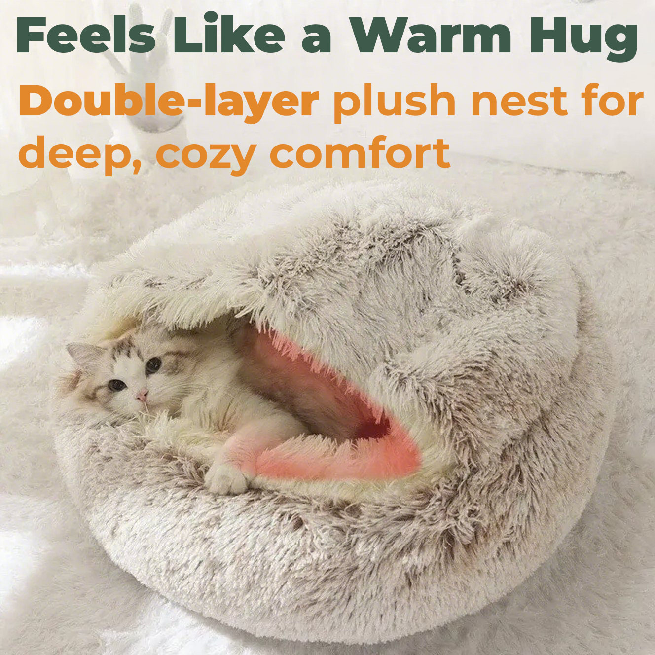 FLUFFY BED WITH HOODED COVER – SOFT DONUT NEST FOR CATS & SMALL DOGS