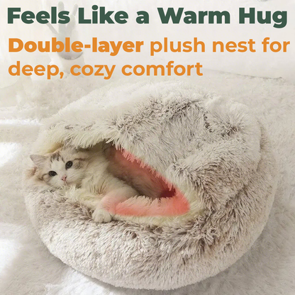 FLUFFY BED WITH HOODED COVER – SOFT DONUT NEST FOR CATS & SMALL DOGS