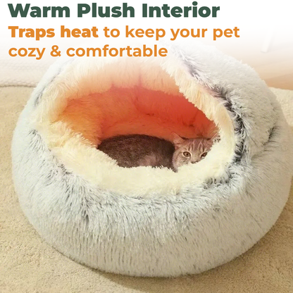 FLUFFY BED WITH HOODED COVER – SOFT DONUT NEST FOR CATS & SMALL DOGS