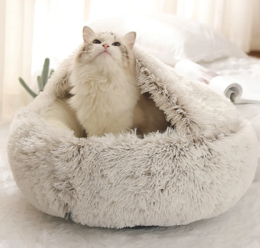 FLUFFY BED WITH HOODED COVER – SOFT DONUT NEST FOR CATS & SMALL DOGS