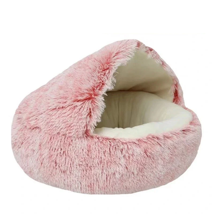 FLUFFY BED WITH HOODED COVER – SOFT DONUT NEST FOR CATS & SMALL DOGS