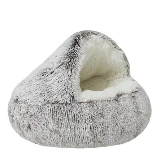 FLUFFY BED WITH HOODED COVER – SOFT DONUT NEST FOR CATS & SMALL DOGS