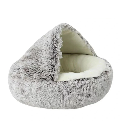 FLUFFY BED WITH HOODED COVER – SOFT DONUT NEST FOR CATS & SMALL DOGS