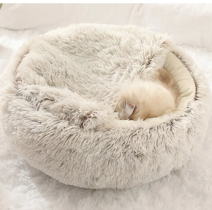 FLUFFY BED WITH HOODED COVER – SOFT DONUT NEST FOR CATS & SMALL DOGS