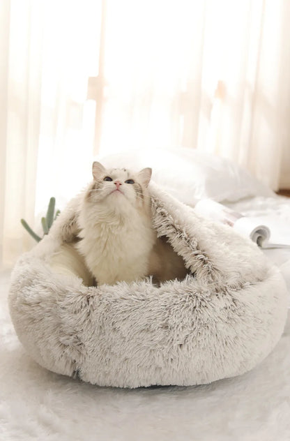 FLUFFY BED WITH HOODED COVER – SOFT DONUT NEST FOR CATS & SMALL DOGS