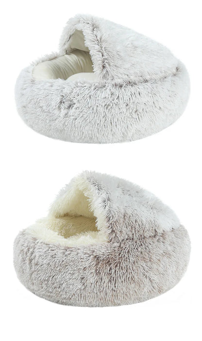 FLUFFY BED WITH HOODED COVER – SOFT DONUT NEST FOR CATS & SMALL DOGS