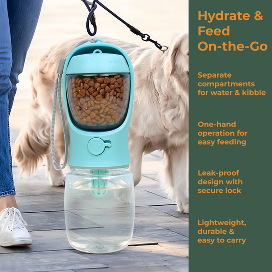 PORTABLE PET WATER BOTTLE WITH FOOD COMPARTMENT & DISPENSER