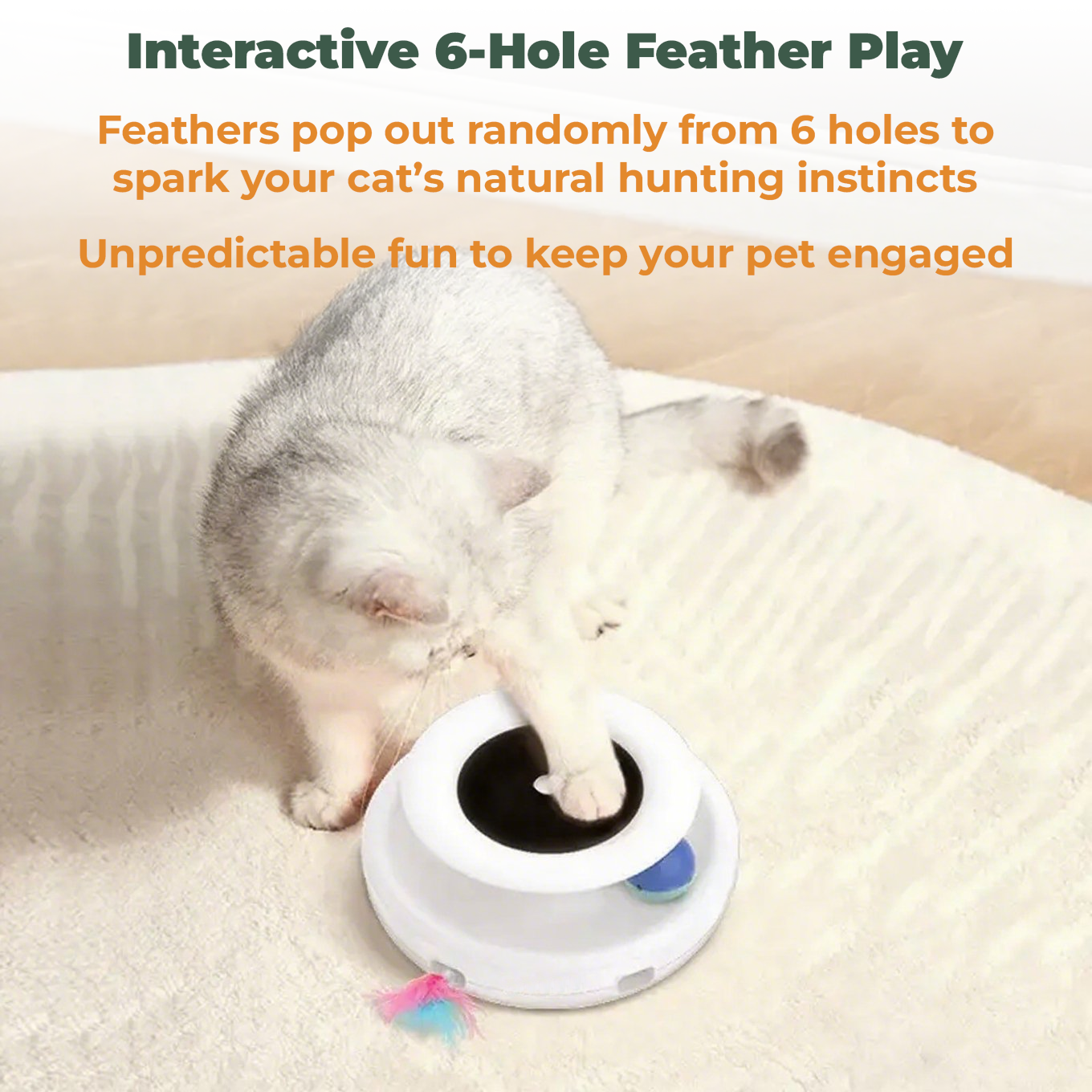 INTERACTIVE 2-IN-1 CAT TOY WITH FEATHER & LED BALL